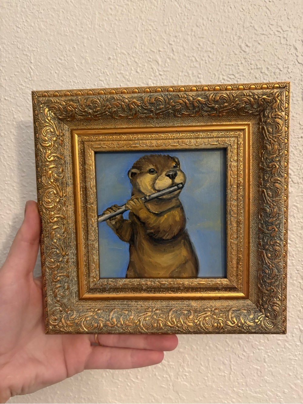 "Musical Otter" Original oil painting on wood board mini framed 4x4"